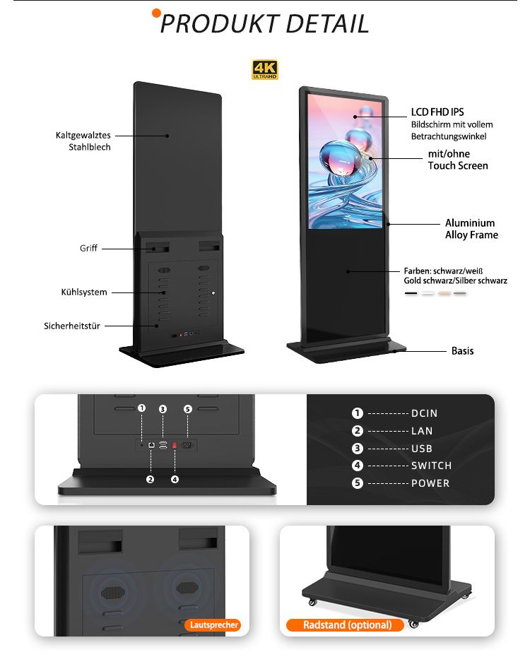 Die All-in-One Werbelösung: Freistehende Digital Signage LCD-Stele mit 4K-Unterstützung, robuster Stahl-Alu-Konstruktion und optionaler Touch-Funktion. LCD IPS-Display und Anschlüssen auf der Rückseite. Leicht zugängliches Anschluss-Panel an der Basis mit Ports für DCIN, LAN (Netzwerk), USB, Hauptschalter (Switch) und Power-Netzanschluss. Die Digital Signage Stele bietet hochauflösende Bilder mit integrierte Mediaplayer-Anschlüsse.