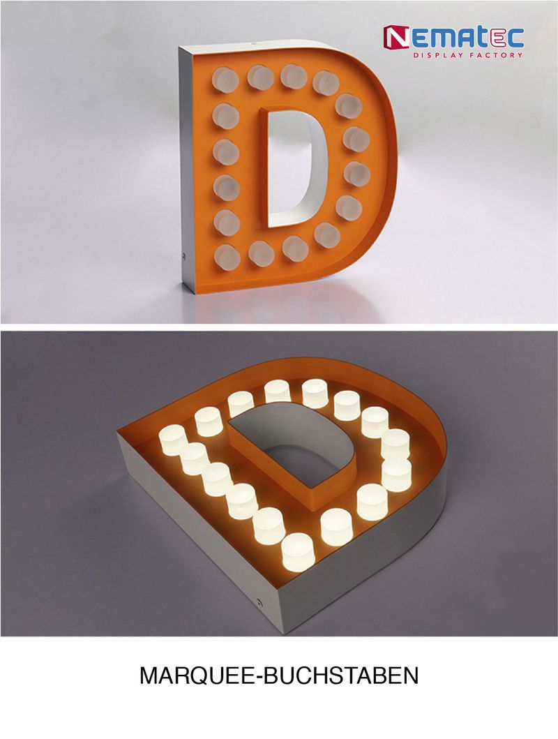 Eine Beschilderung mit einer Marquee-Schrift, aber die Vorteile von LED-Technologie nicht auszuschließen, kann eine Kombination von LED-Bulbs sein. Bei Marquee-Buchstaben oder Beschilderungen im Retro-Look mit Led-Bulbs haben die Leuchtmittel eine Form wie eine Glühbirne. Für Loft und Food-Trucks sowie Jahrmärkte und Zirkus sind sie ein echter eye-catcher.