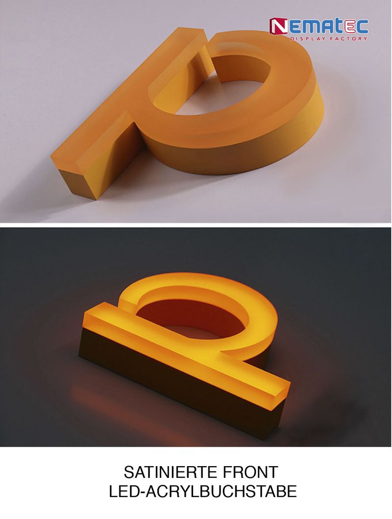 Um das Licht gleichmäßig zu streuen und zu dämpfen, sowie Leuchtdioden unscheinbar zu machen, ist die Front satiniert. Die Ausleuchtung dieser Profilbuchstaben erfolgt an der Front und bis zur Hälfte der Zargen. Die Leuchtdioden haben die passende Lichtfarbe zu dem jeweiligen Buchstaben, so dass der Buchstabe optimal illuminiert wird.