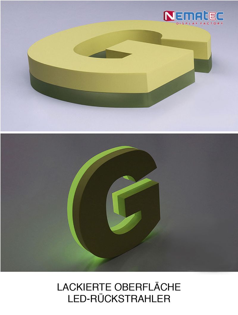 Plexiglas ist ein gefragtes Material in der Lichtwerbung, um das Licht gleichmäßig zu streuen. Eine Rückstrahlung und teilweise Kantenbeleuchtung dieser Profilbuchstaben erfolgt  bis zur Hälfte der Zargen. Die Durchleuchtung mit den Leuchtdioden strahlen nur durch das Plexiglas und die lackierte Oberfläche bleibt unbeleuchtet.