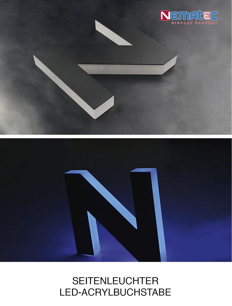 Reliefbuchstabe mit Seitenbeleuchtung Die 3d-Reliefbuchstaben sind mit einer durchleuchtenden Seitenbeleuchtung aus Acrylglase gefertigt. Wegen Ihrer Profiltiefe wirken solche Led-Leuchtbuchstaben schon sehr ansprechend. Diese Letters sind für die Werbung oder Beschriftung, einschließlich Ladenfronten, Messeständen, Schildern, Gebäudefassaden optimal geeignet.