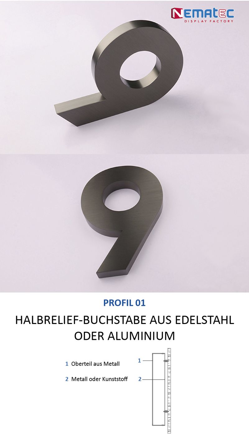 Halbprofil-Buchstaben aus Stahl oder Aluminium können in nahezu jedem gewünschten Farbton nach RAL oder NCS matt lackiert werden. Für eine unbeleuchtete 3D-Außenreklame eignen sich die Letters mit einer Buchstabenhöhe bis 150 cm.