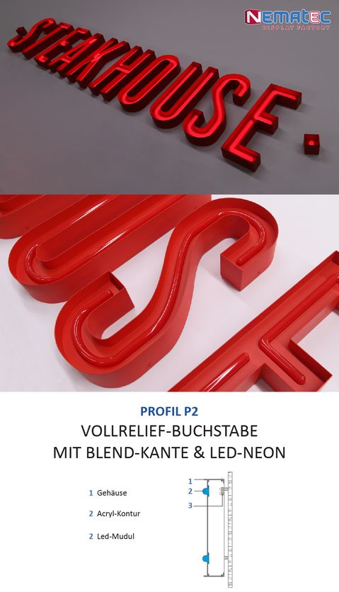 Profil P2-Vollreliefbuchstabe (zweiteilig) mit zusätzlicher, konturig verlaufender Blende-Kante. Ein LEd-Neon Acryl.-Kontur ist mittig im Profil verbaut, dass an eine Retro-Leuchtreklame aus den 50er Jahren erinnert. Die rote Lichtfarbe lässt die rote Buchstabenform noch mal aufläuchten.