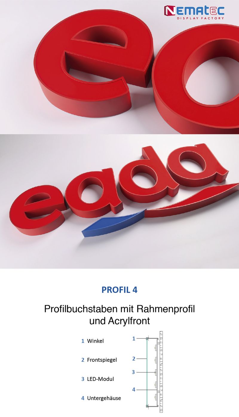 Die 3d-Reliefbuchstaben sind mit einer durchleuchtenden farbigen Front aus farbigem oder folierten Plexiglas. Diese Led-Profilbuchstaben haben ein Rahmenprofil, zwischen dem die Acrylglasfronten befestigt sind. Geeignet für Ladenfronten, Messeständen, Schildern, Gebäudefassaden.