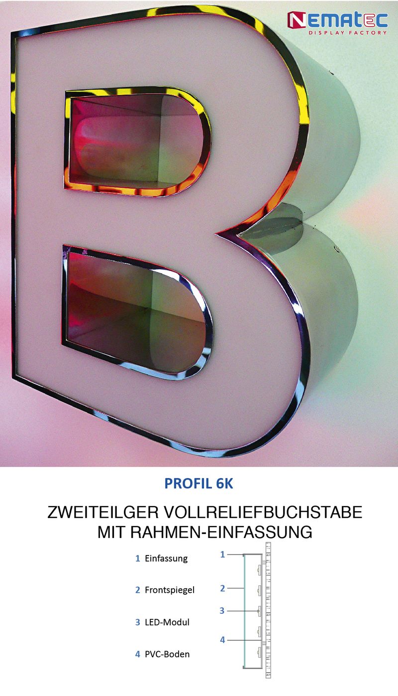 Profil 6K, ist ein 3d-Reliefbuchstabe, dass mit einer lichturchlässigen Acrylfront eingefasst ist. Diese Led-Profilbuchstaben haben ein nahtloses Rahmenprofil, zwischen dem die Acrylglasfront befestigt ist. Geeignet für Innenräume in Läden, Geschäften und Clubs etc..