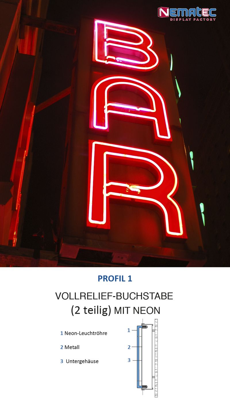 Klassischer Profilbuchstabe–Körper aus Aluminium ist ein 2 teiliger Vollreliefbuchstabe für aufgesetzes Neon. Nach RAL-Farbe wird  der Buchstabenkörper lackiert und an der Front das Neon-Hochspannungs-Rohr installiert. Eine Vintage Neon-Reklame, wie sie schon damals hergestellt wurde, ist nach wie vor ein Hingucker.
