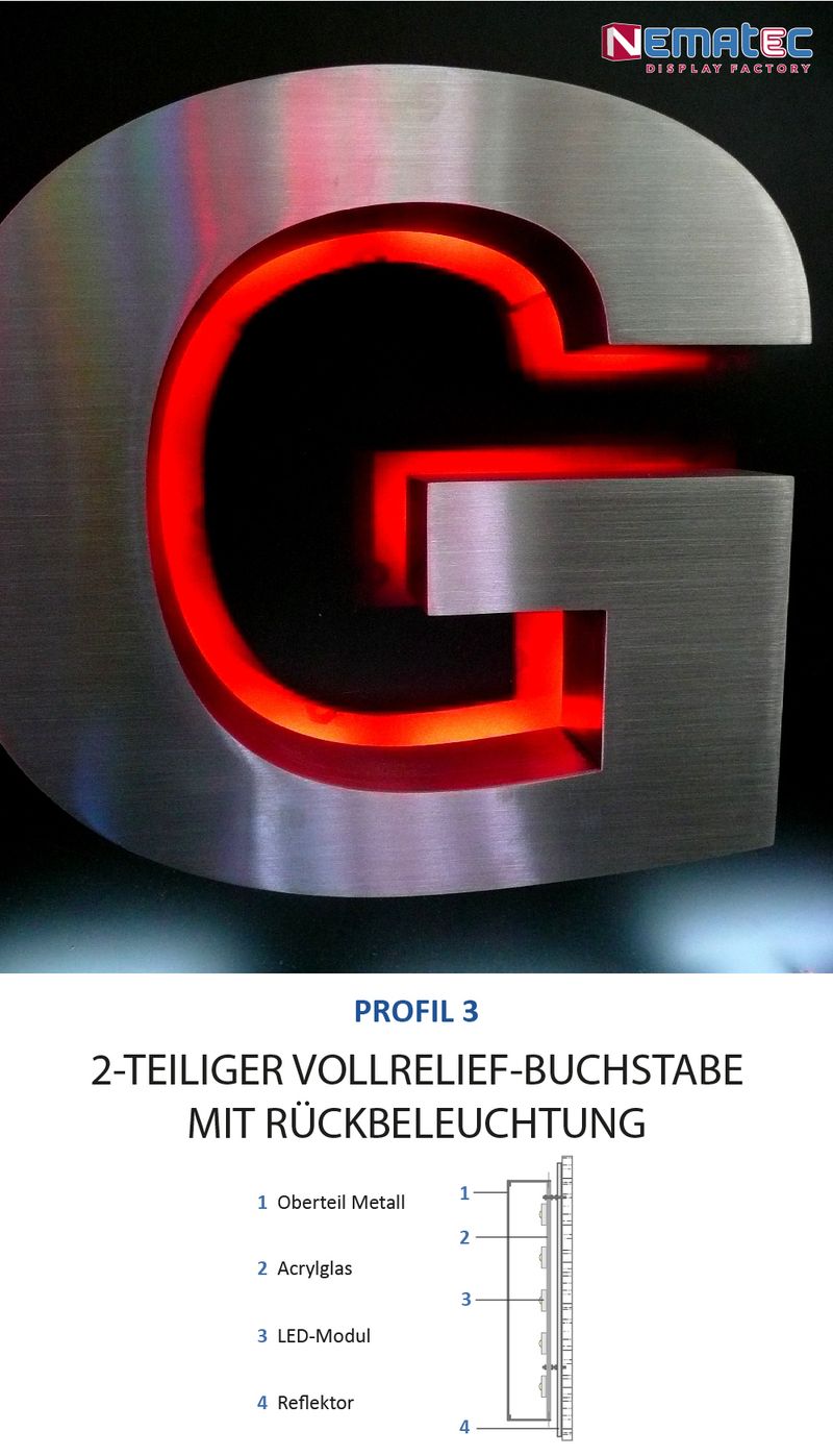 Profilbuchstaben P3 sind meistens aud Aluminiumblech und können auch aus Edelstahl sein. Der Boden aus mattiertem Acryl lässt das Licht der innenliegenden LED-Modulen durchleuchten und gibt eine Rückbeleuchtung, das an der Wand reflektiert. Bei deser Beleuchtung nach hinten, ergibt sich ein Korona-Effekt, der den Buchstaben rückseitig leuchten lässt. 